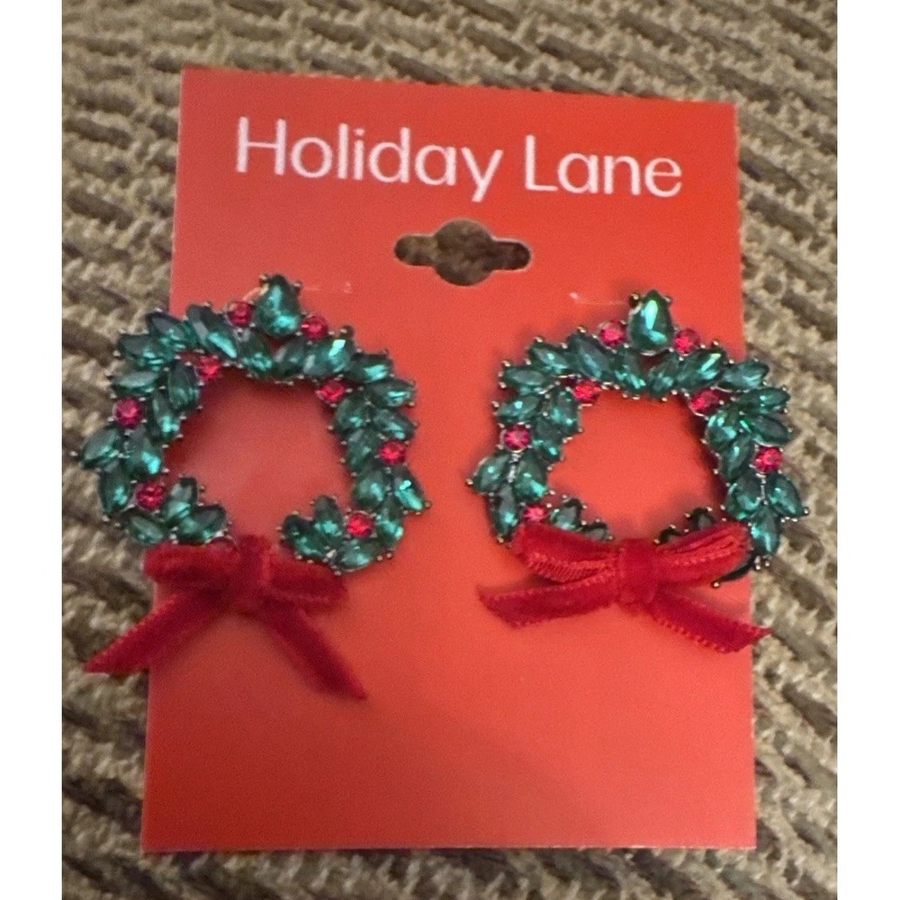 Holiday  Lane Wreath Earrings Post‎ Red & Green, Velvet Bows NEW Macy's